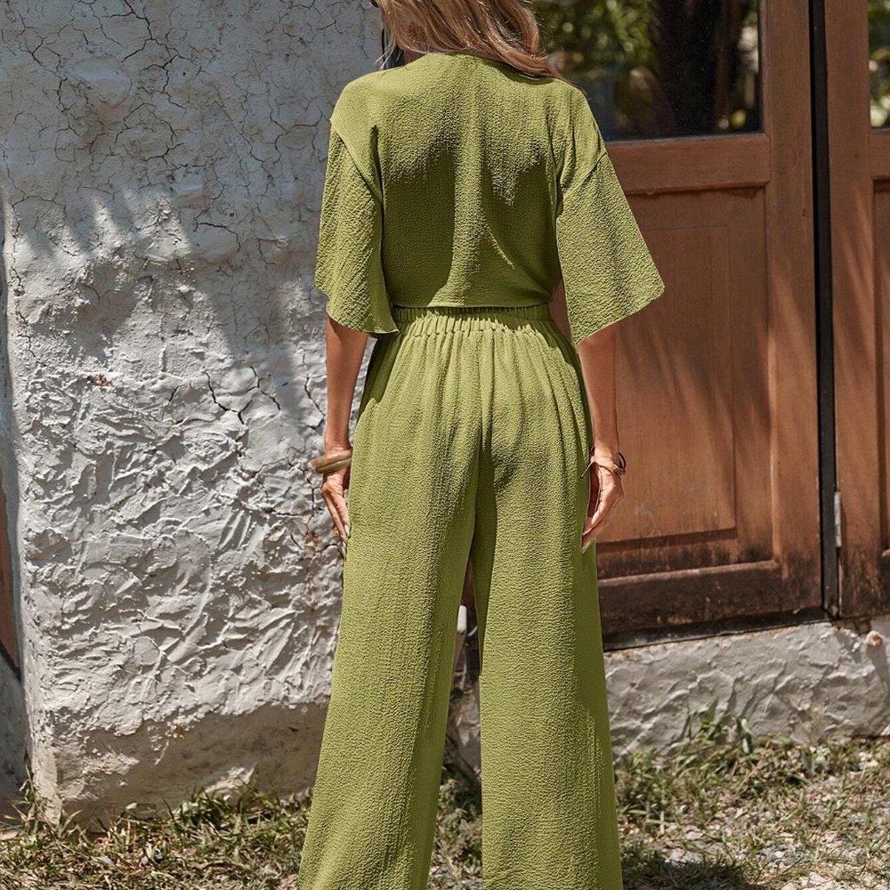 Olive Green Boho Womens Crop Top & Wide Leg Pants - Picture 2 of 5
